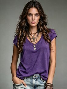 Omancia Women's Solid Color V-Neck Casual Versatile Daily Outing T-Shirt - Purple - View 1