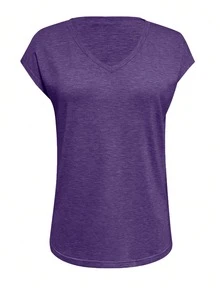 Omancia Women's Solid Color V-Neck Casual Versatile Daily Outing T-Shirt - Purple - View 4