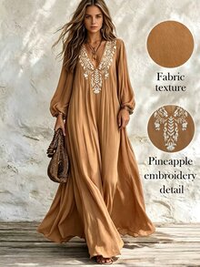 CHARMVALE Women's Fashion Elegant Vacation Style Embroidered Long Sleeve Dress - Brown - View 1