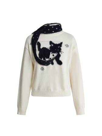 Sweetness Top tricoté col rond beige automne/hiver pour femmes avec motif chat mignon et écharpe à pois amovible
