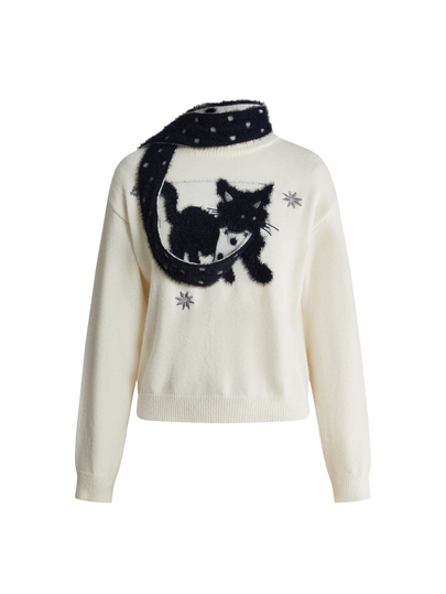 Sweetness Maglia da donna autunno/inverno beige con collo rotondo, motivo gatto carino e sciarpa a pois staccabile