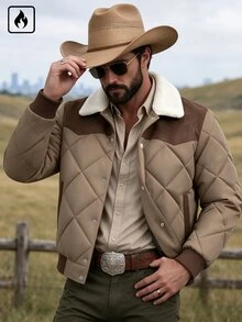 DREXORIN Men's Faux Suede Quilted Flight Jacket With Faux Shearling Collar, Snap Button Front, Ribbed Cuffs And Hem, Casual Autumn/Winter Outerwear - Multicolor - View 3