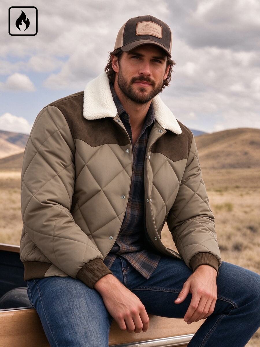 DREXORIN Men's Faux Suede Quilted Flight Jacket With Faux Shearling Collar, Snap Button Front, Ribbed Cuffs And Hem, Casual Autumn/Winter Outerwear - Multicolor - View 1