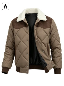 DREXORIN Men's Faux Suede Quilted Flight Jacket With Faux Shearling Collar, Snap Button Front, Ribbed Cuffs And Hem, Casual Autumn/Winter Outerwear - Multicolor - View 5