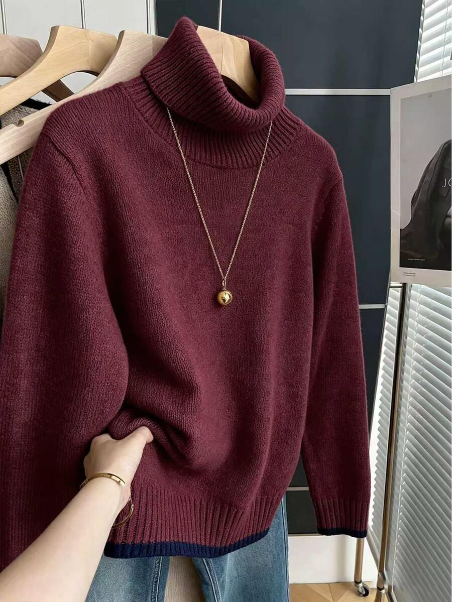 Franclia 法式復古高領長袖對比飾邊女款秋冬毛衣上衣,酒紅色,適合萬聖節、聖誕節、感恩節、新年穿搭 - 酒紅色 - 查看 1