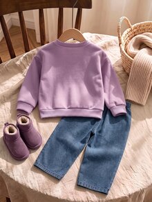 SHEIN 女童抓絨內裡花卉刺繡運動衫漸層紫色水洗寬腿牛仔褲2件套，甜美休閒秋冬7歲生日穿搭 - 紫色 - 查看 2