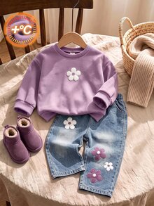 SHEIN 女童抓絨內裡花卉刺繡運動衫漸層紫色水洗寬腿牛仔褲2件套，甜美休閒秋冬7歲生日穿搭 - 紫色 - 查看 3