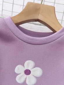 SHEIN 女童抓絨內裡花卉刺繡運動衫漸層紫色水洗寬腿牛仔褲2件套，甜美休閒秋冬7歲生日穿搭 - 紫色 - 查看 6