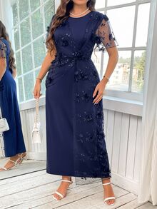 Reflora Plus Size Elegant 3D Floral Decor Mesh Patchwork Dress,Summer Outfits For Women Spring/Summer Outfit Women - Navy Blue - View 5
