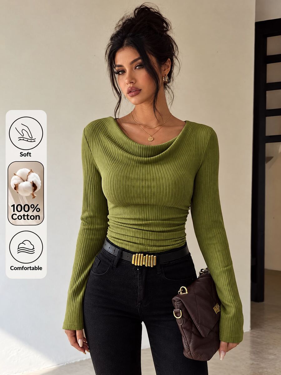 SHEIN LUNE Vintage Asymmetrical Cowl Neck Brushed Textured Ruched Slim Fit Long Sleeve T-Shirt - Brown - View 1