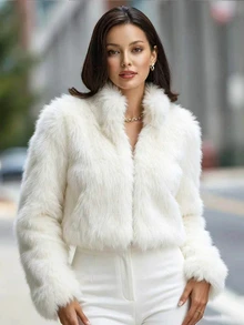 SHEIN 女款秋冬短款人造毛皮夾克,休閒寬鬆版型,前襟鈕扣,長袖,時尚奢華風格,適合外出、約會與通勤 - 白色 - 查看 5
