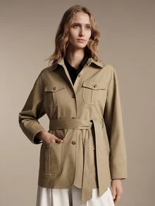 Anewsta Essential New Spring/Autumn Khaki Utility Style Casual Trench Coat Jacket, Urban Women's Lapel Multi-Pocket Dropped Shoulder Slightly Loose Cotton-Feel Commuter Jacket, Suitable For Work Commute, Shopping, Store Visiting, Short Trips, Light Outdoor, Daily Wear - Khaki - View 6