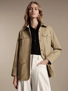 Anewsta Essential New Spring/Autumn Khaki Utility Style Casual Trench Coat Jacket, Urban Women's Lapel Multi-Pocket Dropped Shoulder Slightly Loose Cotton-Feel Commuter Jacket, Suitable For Work Commute, Shopping, Store Visiting, Short Trips, Light Outdoor, Daily Wear - Khaki - View 7