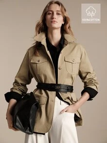 Anewsta Essential New Spring/Autumn Khaki Utility Style Casual Trench Coat Jacket, Urban Women's Lapel Multi-Pocket Dropped Shoulder Slightly Loose Cotton-Feel Commuter Jacket, Suitable For Work Commute, Shopping, Store Visiting, Short Trips, Light Outdoor, Daily Wear - Khaki - View 10