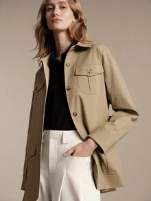 Anewsta Essential New Spring/Autumn Khaki Utility Style Casual Trench Coat Jacket, Urban Women's Lapel Multi-Pocket Dropped Shoulder Slightly Loose Cotton-Feel Commuter Jacket, Suitable For Work Commute, Shopping, Store Visiting, Short Trips, Light Outdoor, Daily Wear - Khaki - View 5
