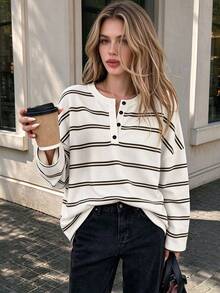 Cévolie Camisa Henley a rayas de bloques de color para primavera/otoño, corte holgado y relajado, versátil, capa base larga - Blanco - Ver 4