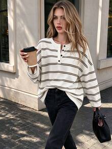 Cévolie Camisa Henley a rayas de bloques de color para primavera/otoño, corte holgado y relajado, versátil, capa base larga - Blanco - Ver 5
