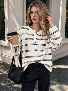 Cévolie Camisa Henley a rayas de bloques de color para primavera/otoño, corte holgado y relajado, versátil, capa base larga - Blanco - Ver 2
