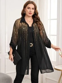 Reflora Plus Size Vacation Print Single-Breasted Sheer Fashion Shirt Cocktail Wedding Guest Dinner Party Evening Brunch Black And Gold Summer Elegant 70's - Black - View 2