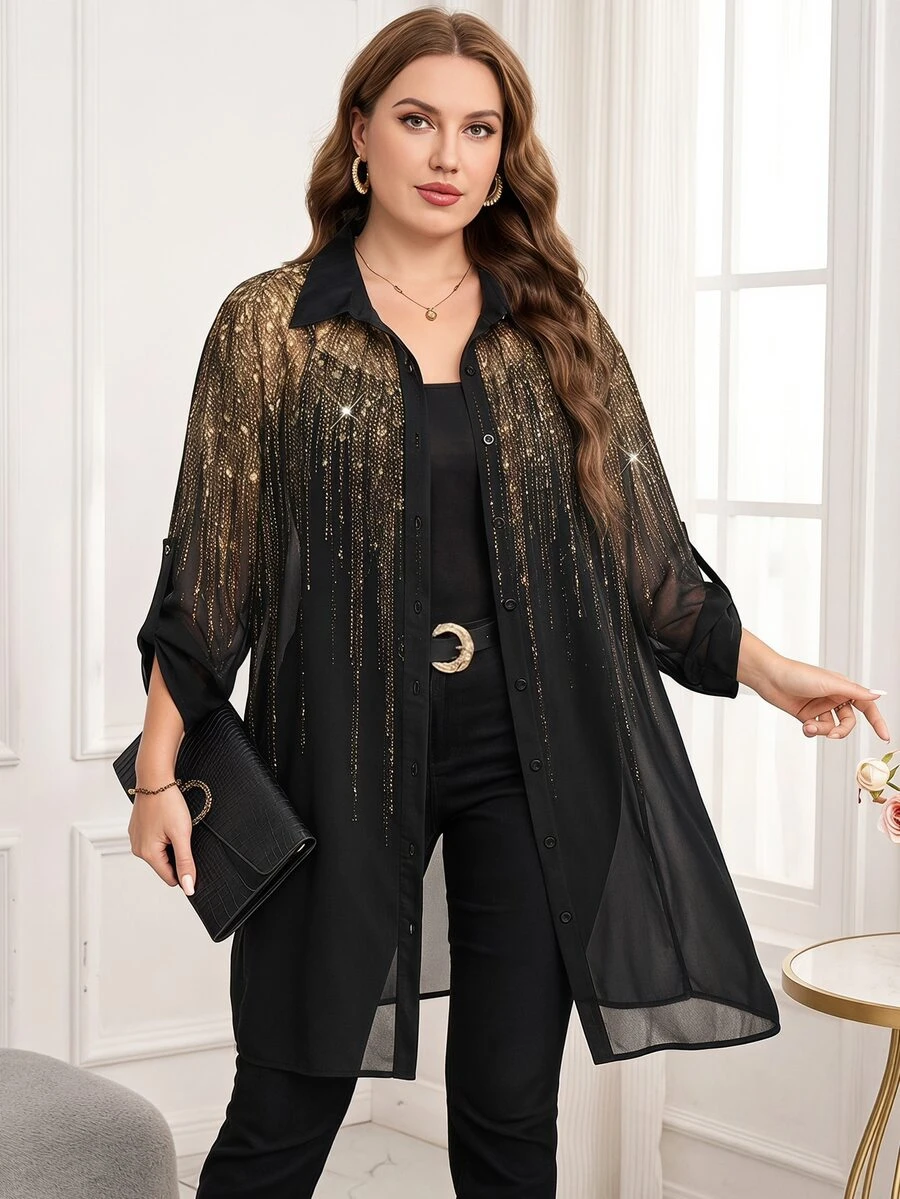 Reflora Plus Size Vacation Print Single-Breasted Sheer Fashion Shirt Cocktail Wedding Guest Dinner Party Evening Brunch Black And Gold Summer Elegant 70's