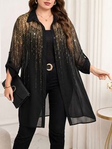 Reflora Plus Size Vacation Print Single-Breasted Sheer Fashion Shirt Cocktail Wedding Guest Dinner Party Evening Brunch Black And Gold Summer Elegant 70's - Black - View 9