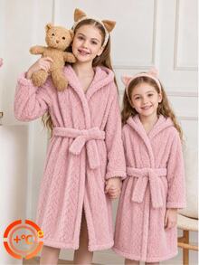Tween Girl Plush Long Sleeve Hooded Robe Suitable For Winter Wear - Pink - View 9