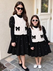 SHEIN 2件組女童優雅高領泡泡袖仿珍珠黑色針織洋裝與白色仿皮草外套套裝，可愛冬季聖誕新年派對洋裝 - 黑色 - 查看 4