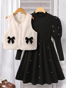 SHEIN 2件組女童優雅高領泡泡袖仿珍珠黑色針織洋裝與白色仿皮草外套套裝，可愛冬季聖誕新年派對洋裝 - 黑色 - 查看 7