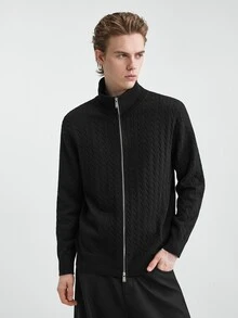Manfinity CasualKnits 男士純色長袖拉鍊針織開襟衫，老錢風 - 黑色 - 查看 6