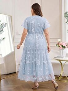 Reflora Plus Size Elegant Formal Party Evening Birthday Graduation Embroidered Mesh Patchwork Dress Summer Spring Women's Valentine's Day Light Blue - Blue - View 3
