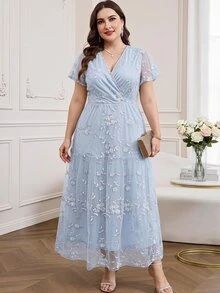 Reflora Plus Size Elegant Formal Party Evening Birthday Graduation Embroidered Mesh Patchwork Dress Summer Spring Women's Valentine's Day Light Blue - Blue - View 1