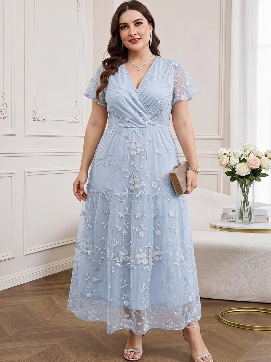 Reflora Plus Size Elegant Formal Party Evening Birthday Graduation Embroidered Mesh Patchwork Dress Summer Spring Women's Valentine's Day Light Blue - Blue - View 1