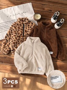 SHEIN Genkimix Kids 女童 3 件套 純色立領半拉鍊抓絨休閒短款衛衣，雙面抓絨，適合秋冬，聖誕節、萬聖節 - 彩色 - 查看 3