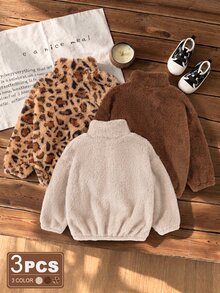 SHEIN Genkimix Kids 女童 3 件套 純色立領半拉鍊抓絨休閒短款衛衣，雙面抓絨，適合秋冬，聖誕節、萬聖節 - 彩色 - 查看 2