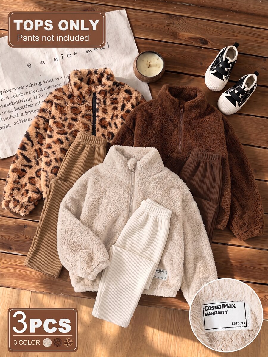 SHEIN Genkimix Kids 女童 3 件套 純色立領半拉鍊抓絨休閒短款衛衣,雙面抓絨,適合秋冬,聖誕節、萬聖節 - 彩色 - 查看 1