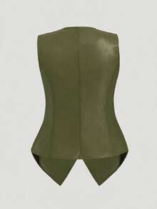 SHEIN Clasi Plus Size Women's Open Front PU Leather Vintage Casual Vest Jacket Winter - Green - View 4