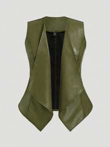 SHEIN Clasi Plus Size Women's Open Front PU Leather Vintage Casual Vest Jacket Winter - Green - View 2