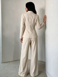 Modelyn Apricot Color Frog Button Design Waist-Cinching Blazer + Straight Leg Casual Pants Women's Elegant Suit Autumn Outfit - Apricot - View 2