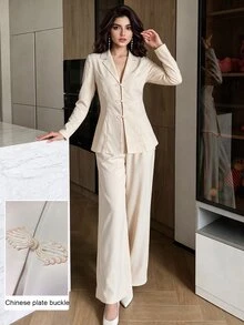 Modelyn Apricot Color Frog Button Design Waist-Cinching Blazer + Straight Leg Casual Pants Women's Elegant Suit Autumn Outfit - Apricot - View 7