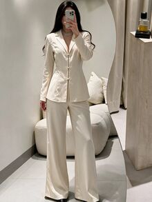 Modelyn Apricot Color Frog Button Design Waist-Cinching Blazer + Straight Leg Casual Pants Women's Elegant Suit Autumn Outfit - Apricot - View 4