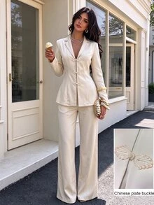 Modelyn Apricot Color Frog Button Design Waist-Cinching Blazer + Straight Leg Casual Pants Women's Elegant Suit Autumn Outfit - Apricot - View 1