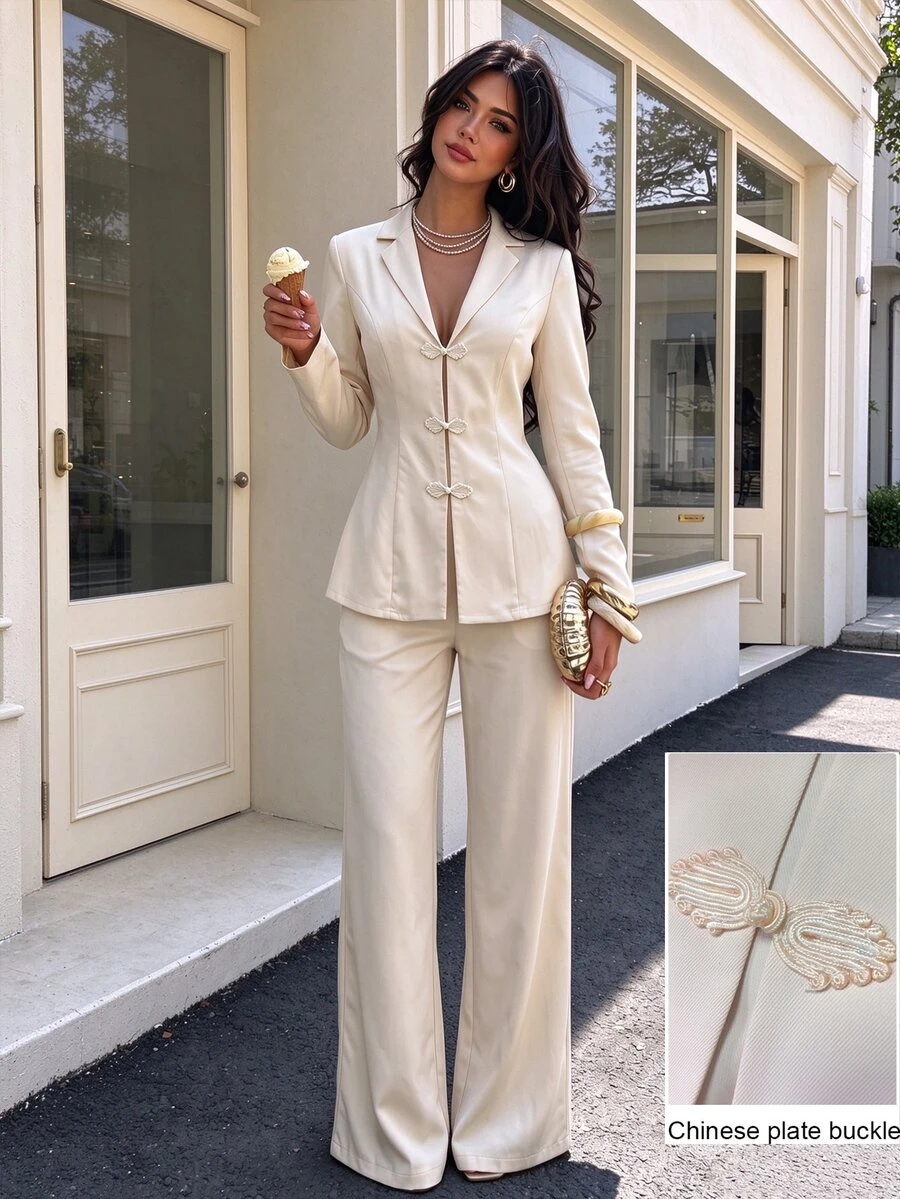 Modelyn Apricot Color Frog Button Design Waist-Cinching Blazer + Straight Leg Casual Pants Women's Elegant Suit Autumn Outfit - Apricot - View 1
