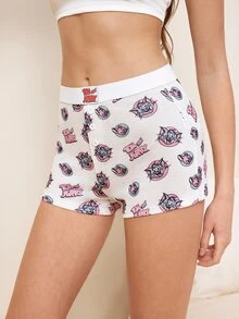 TOM & JERRY X SHEIN Women's Cartoon Print Button Casual Flat Shorts - Beige - View 3