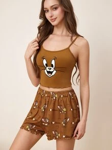 TOM & JERRY X SHEIN 女士卡通印花吊带背心和短裤睡衣套装 - 棕色 - 查看 3