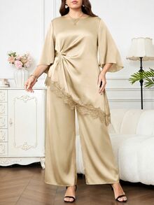 Reflora Plus Size Elegant Traditional Mother Of The Bride Dinner Formal Lace Patchwork Asymmetrical Hem Top Pants 2 Pieces Set Summer Brown Fall Wedding - Apricot - View 6