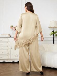 Reflora Plus Size Elegant Traditional Mother Of The Bride Dinner Formal Lace Patchwork Asymmetrical Hem Top Pants 2 Pieces Set Summer Brown Fall Wedding - Apricot - View 7