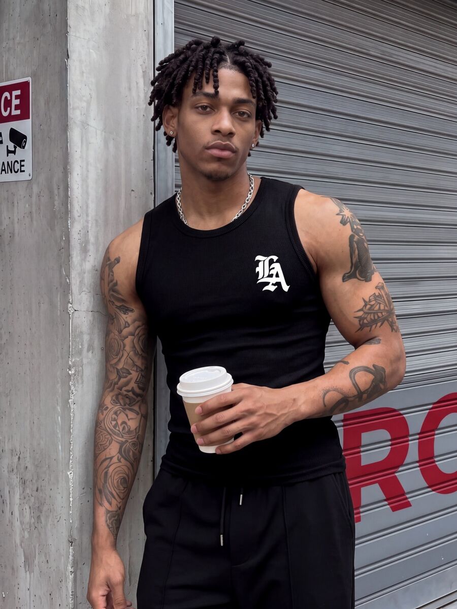 Rovax Men's Letter Print Crew Neck Casual Versatile Tank Top - Black - View 1