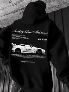 Dekonique Dekonique American Street Racing Car Print Hoodie Sweatshirt Men, High Street Loose Black Racing Jacket - Black - View 3