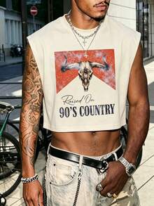 Rovax Men's Sleeveless Cropped Tank Top, Printed With Bull Skull Pattern And 90s Country Music Slogan,Wear Alone In Summer With Distressed Long Pants - Khaki - View 5