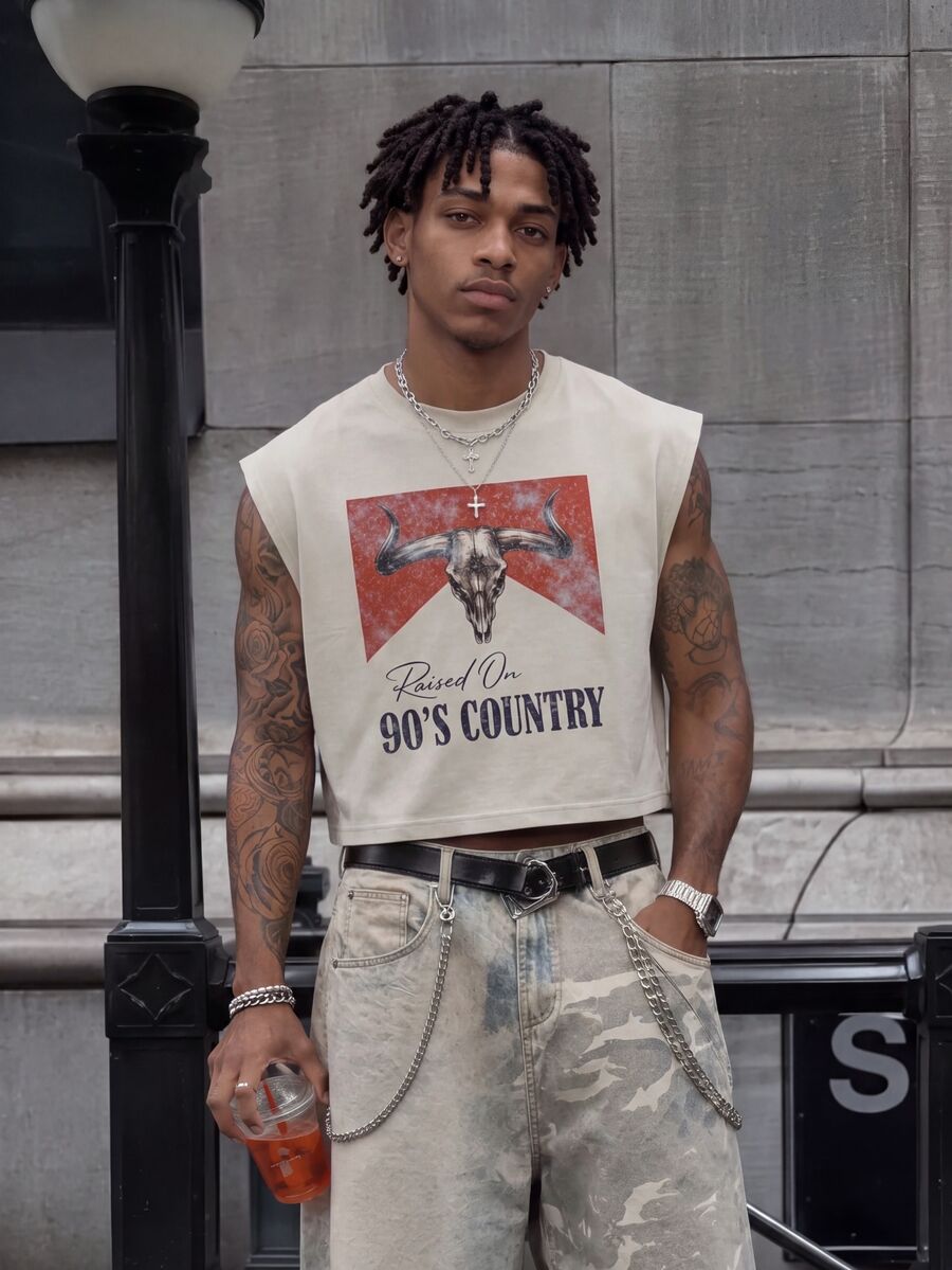 Rovax Men's Sleeveless Cropped Tank Top, Printed With Bull Skull Pattern And 90s Country Music Slogan,Wear Alone In Summer With Distressed Long Pants